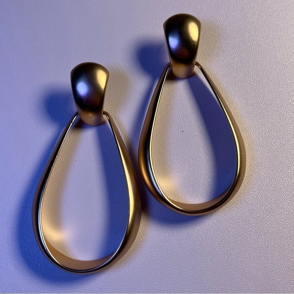 OVAL Domed Pierced EarRings Matte Gold tone Long Big Chunky Lightweight 2 1/2"